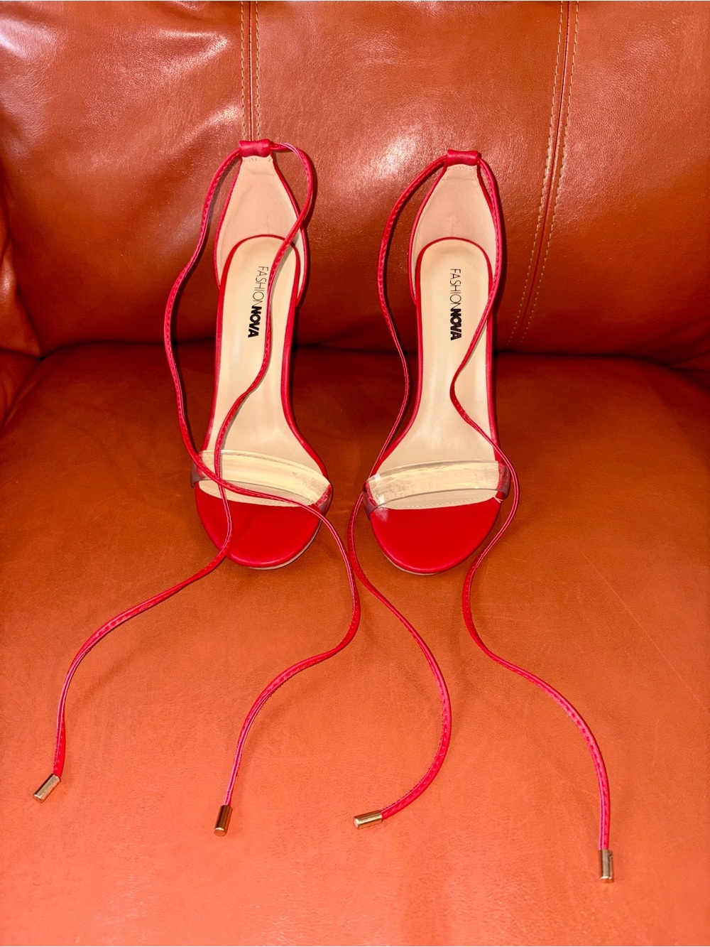 Fashion Nova Red Lace-Up Clear Strap Heels